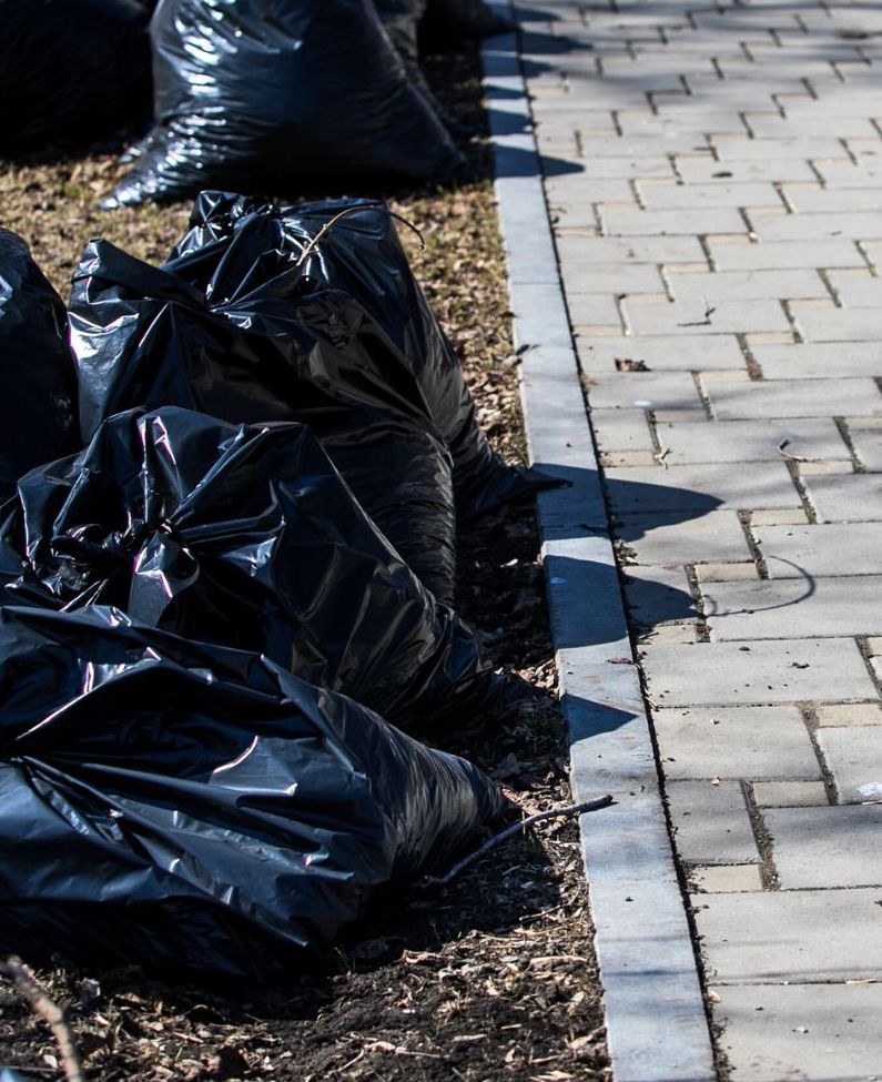 Bagged Trash by a Sidewalk